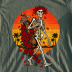Skeleton Caddie Sunset Tee, print close-up on Military Green