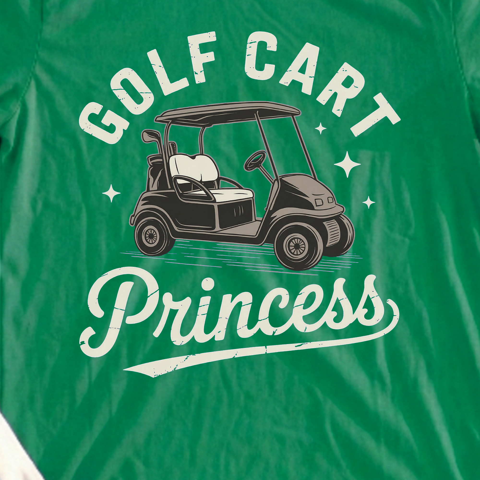 Golf Cart Princess Tee, print close-up on Irish Green