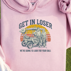 Get In Loser Retro Hoodie, print close-up on Light Pink