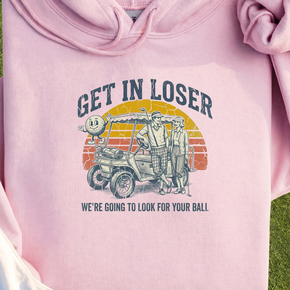 Get In Loser Retro Hoodie, print close-up on Light Pink