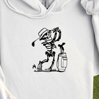 Skeleton Golfing! Hoodie, print close-up on White