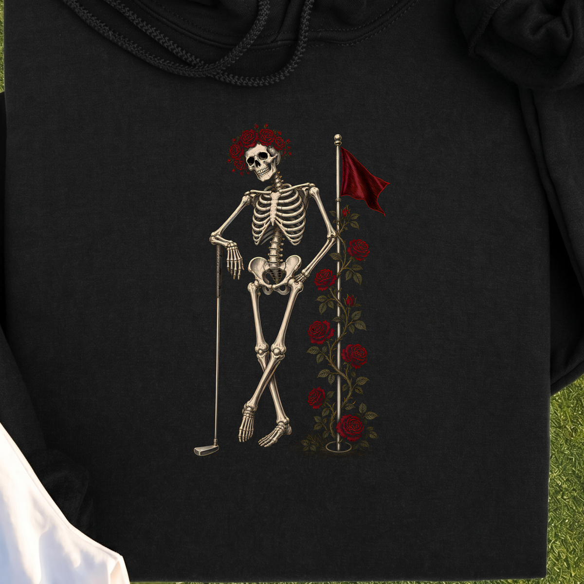 Rose Skeleton Leaning Hoodie, print close-up on Black