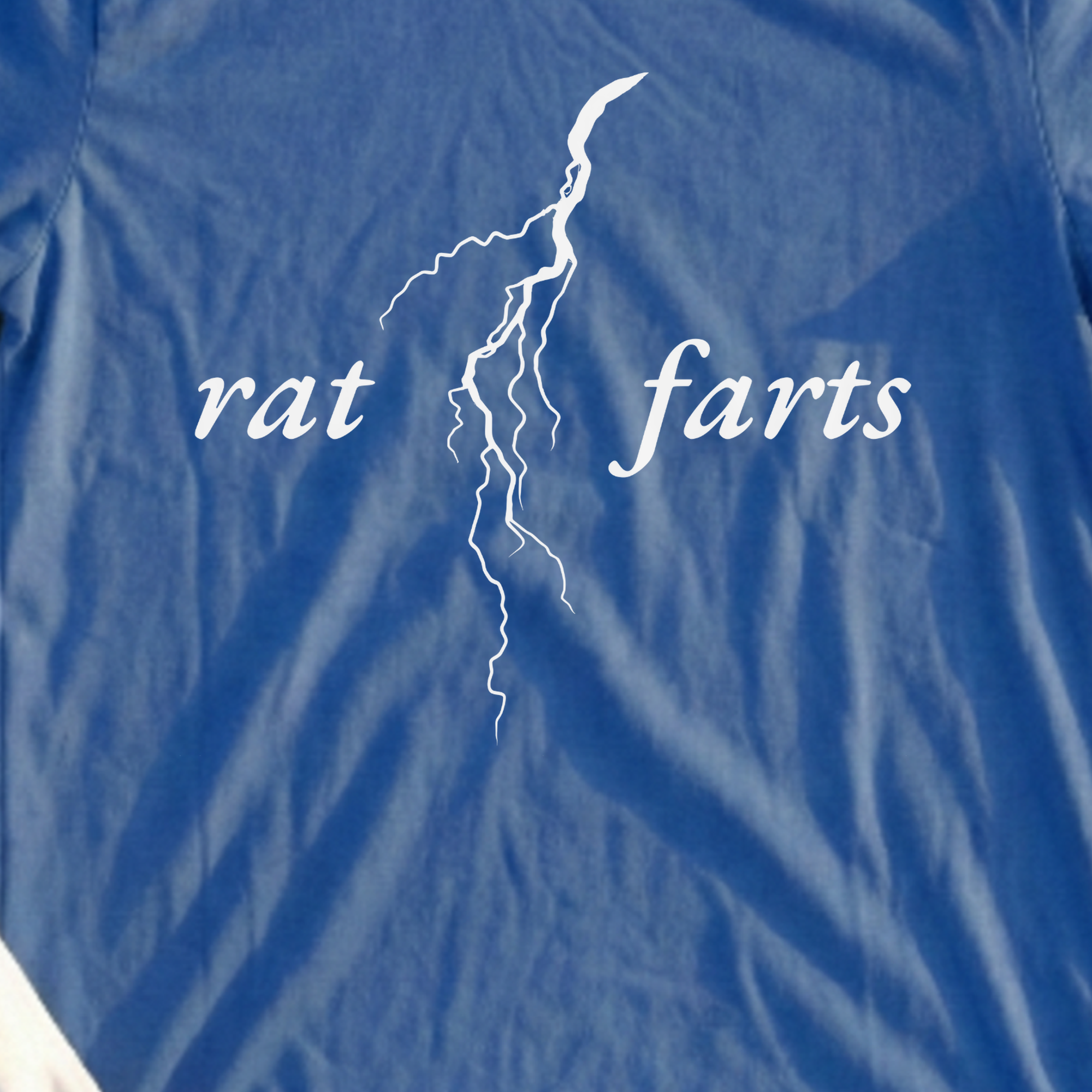 Rat Farts Lightening Tee, print close-up on Royal