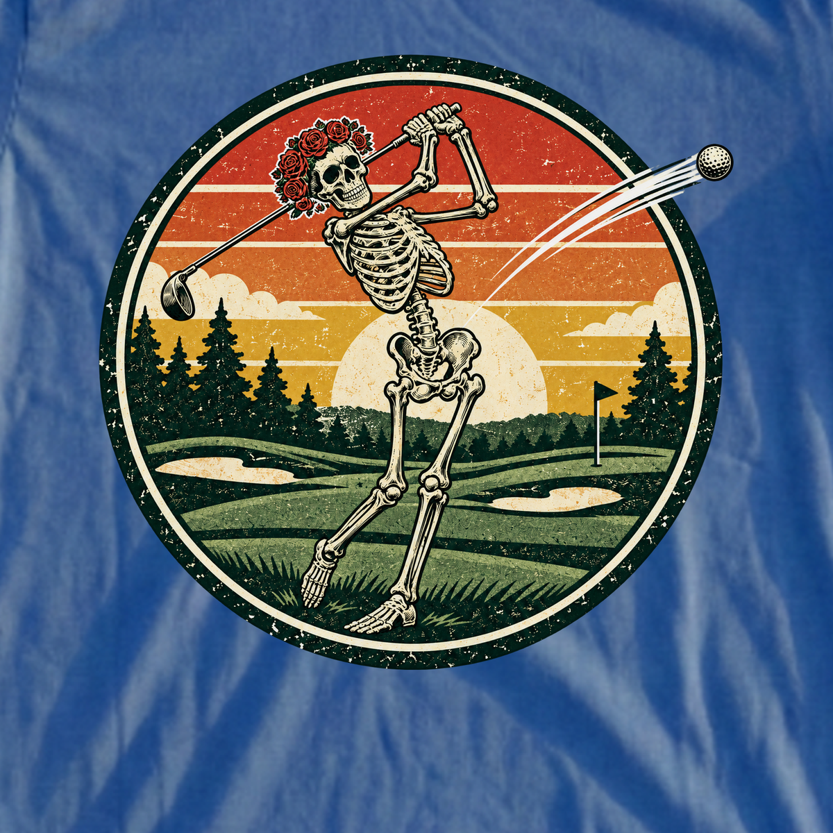 Rose Skeleton Sunset Badge Tee, print close-up on Royal