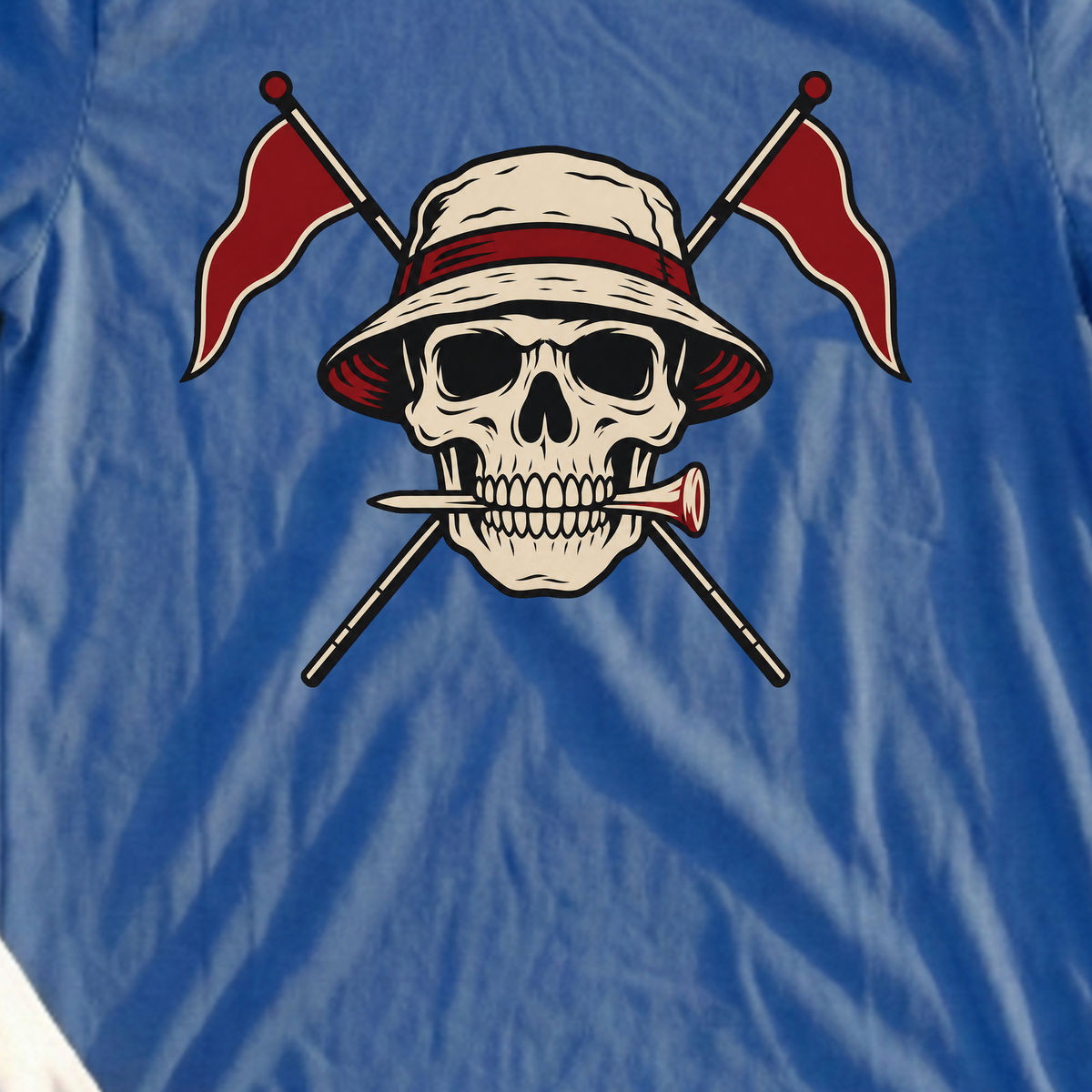 Flag Bearer Skull Tee, print close-up on Royal
