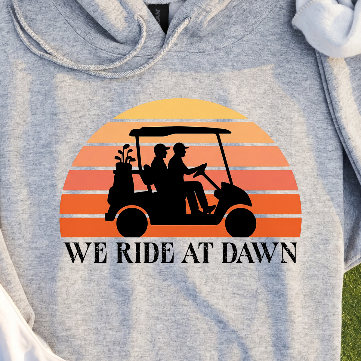 We Ride At Dawn Sunrise Hoodie, print close-up on Sport Grey