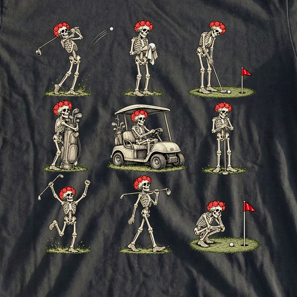 Rose Skeleton Golf Grid Tee, print close-up on Black