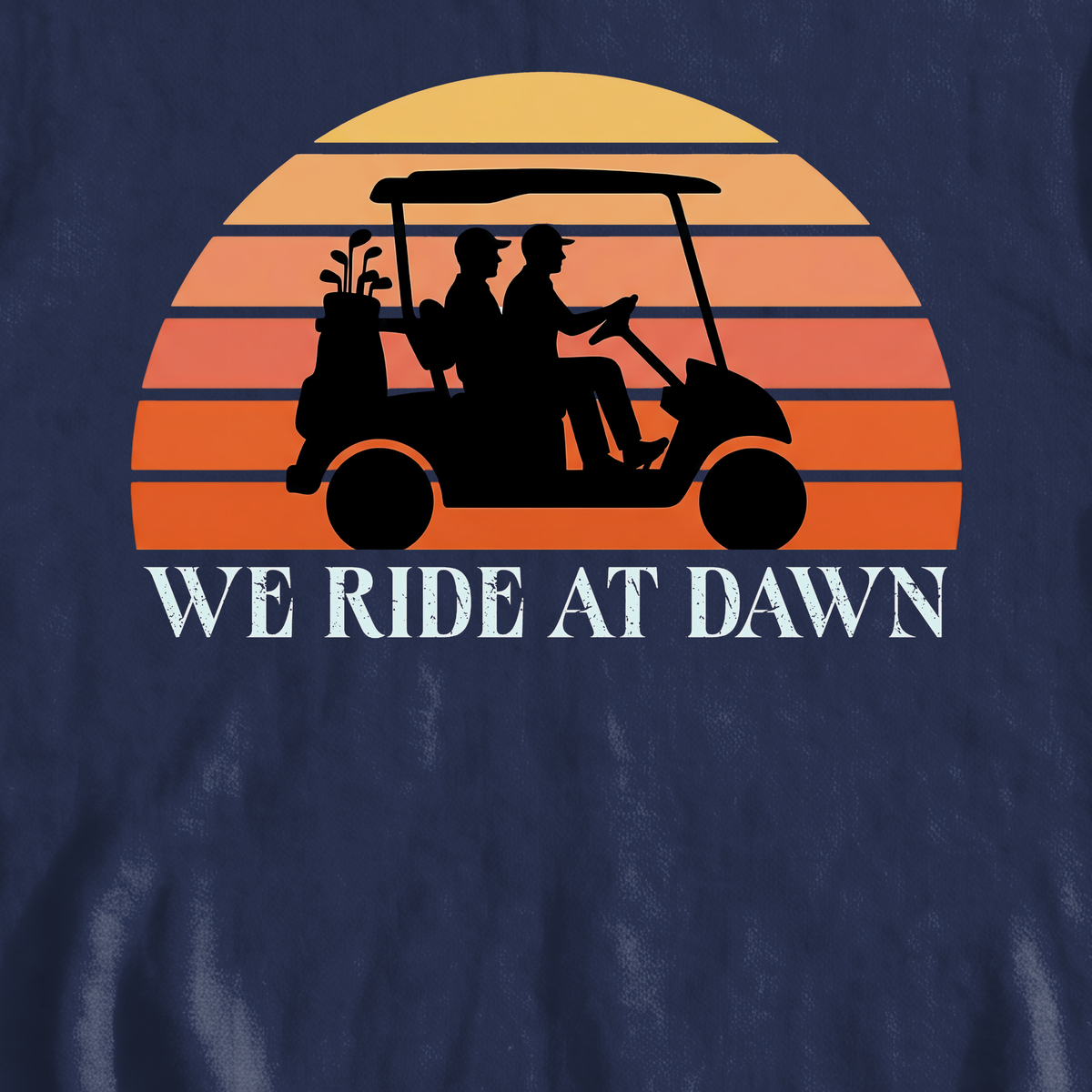 We Ride At Dawn Sunrise Sweatshirt, print close-up on Navy