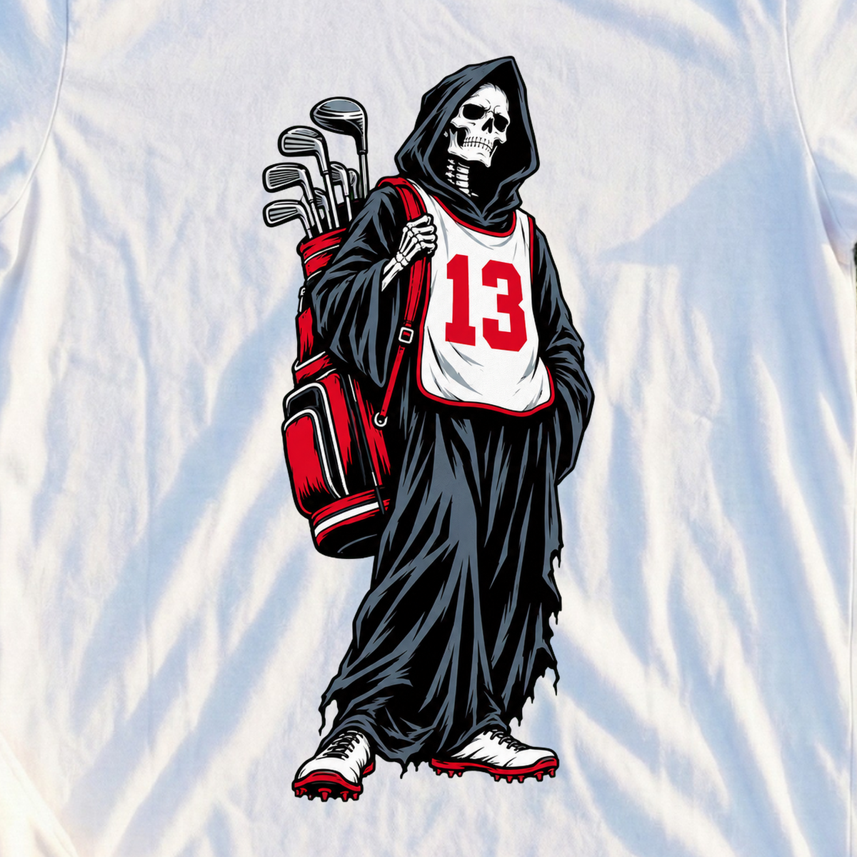 The Reaper Caddie Tee, print close-up on White