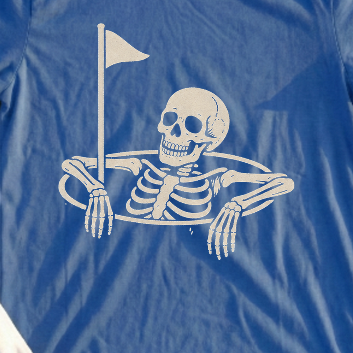 Skeleton In The Cup Tee, print close-up on Royal
