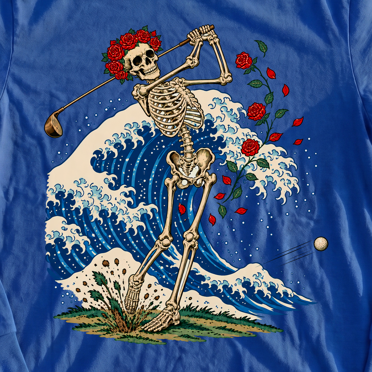 Rose Skeleton Great Wave Long Sleeve Tee, print close-up on Royal