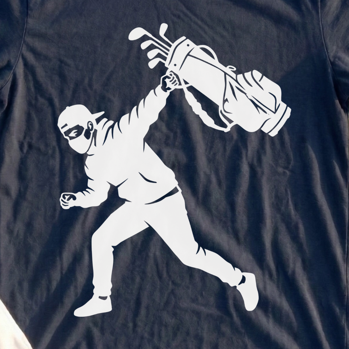 Bag Thrower Tee, print close-up on Navy