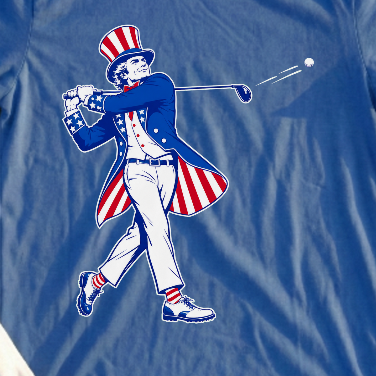 Yankee Doodle Swing, New Pose Axis Tee, print close-up on Royal