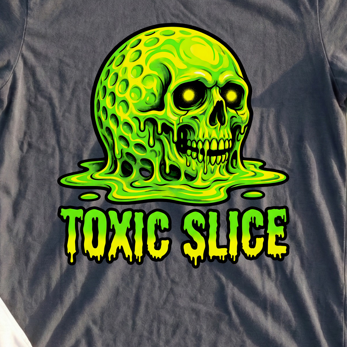 Toxic Slice Tee, print close-up on Dark Heather