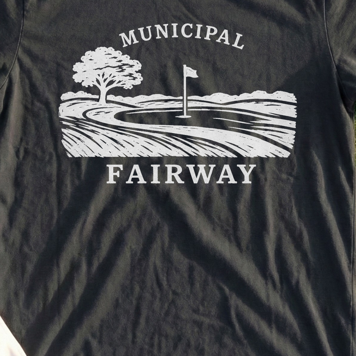 Municipal Fairway, Linocut Landscape Tee, print close-up on Black