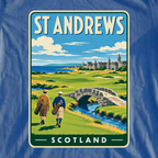 St Andrews Travel Poster Tee, print close-up on Royal