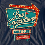 Low Expectations Motel Sign Tee, print close-up on Navy