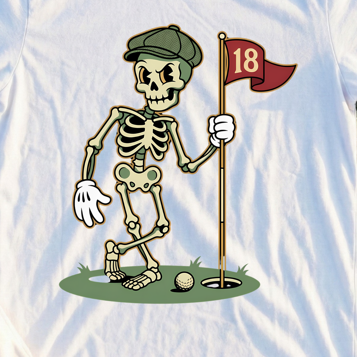 Skeleton Pin Flag Tee, print close-up on White