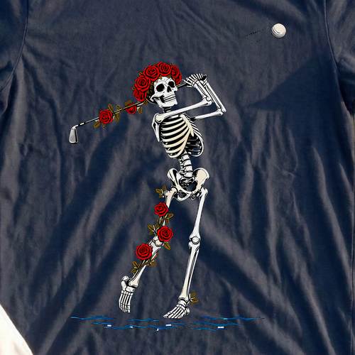 Rose Skeleton Approach Over Water Tee, print close-up on Navy