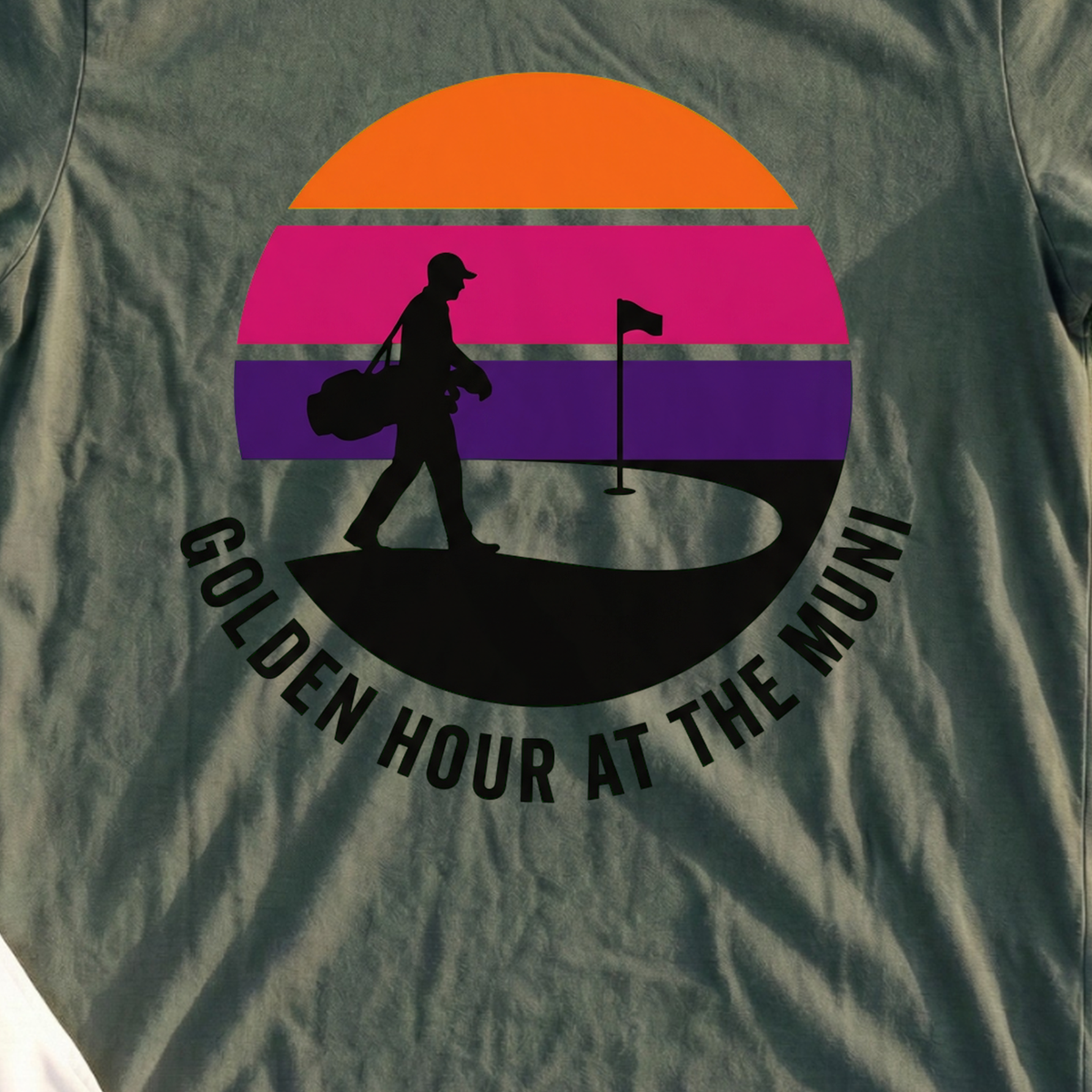 Golden Hour At The Muni Tee, print close-up on Military Green