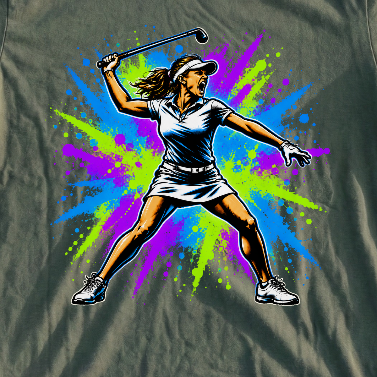 Angry Female Golfer Graffiti Tee, print close-up on Military Green