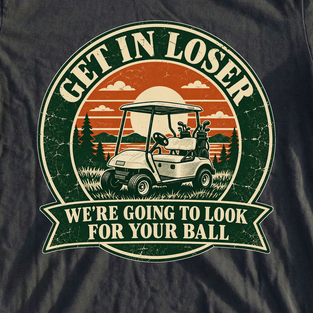 Get In Loser Park Badge Tee, print close-up on Black