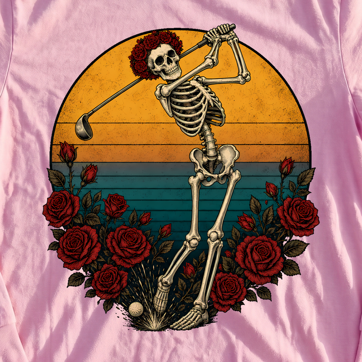 Skeleton Swing Sunset Long Sleeve Tee, print close-up on Light Pink