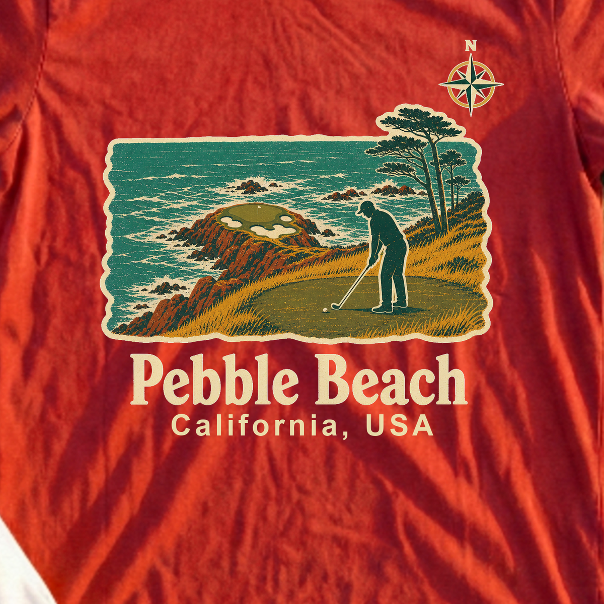 Pebble Beach Travel Poster Tee, print close-up on Red
