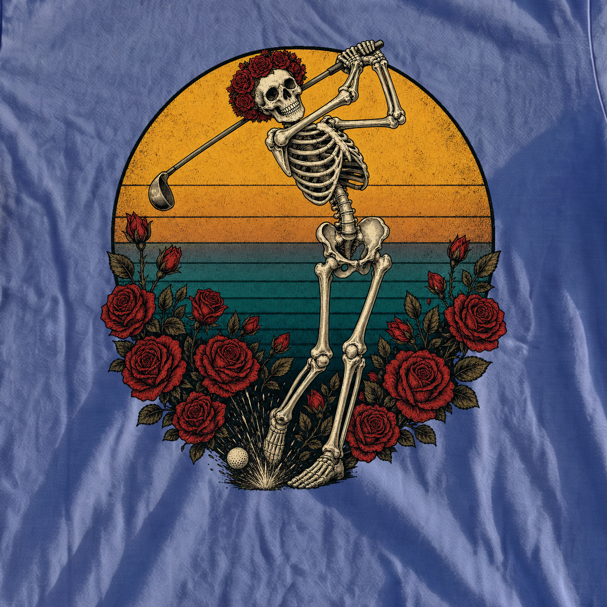 Skeleton Swing Sunset Heavyweight Tee, print close-up on Mystic Blue