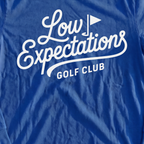Low Expectations Club Long Sleeve Tee, print close-up on Royal