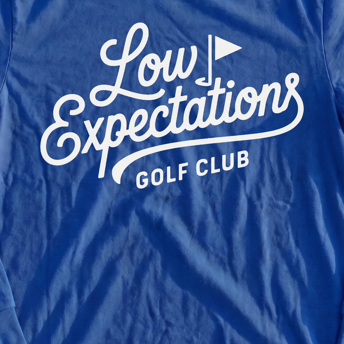 Low Expectations Club Long Sleeve Tee, print close-up on Royal