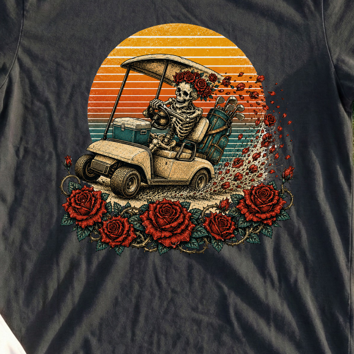 Rose Garden Golf Cart Tee, print close-up on Black