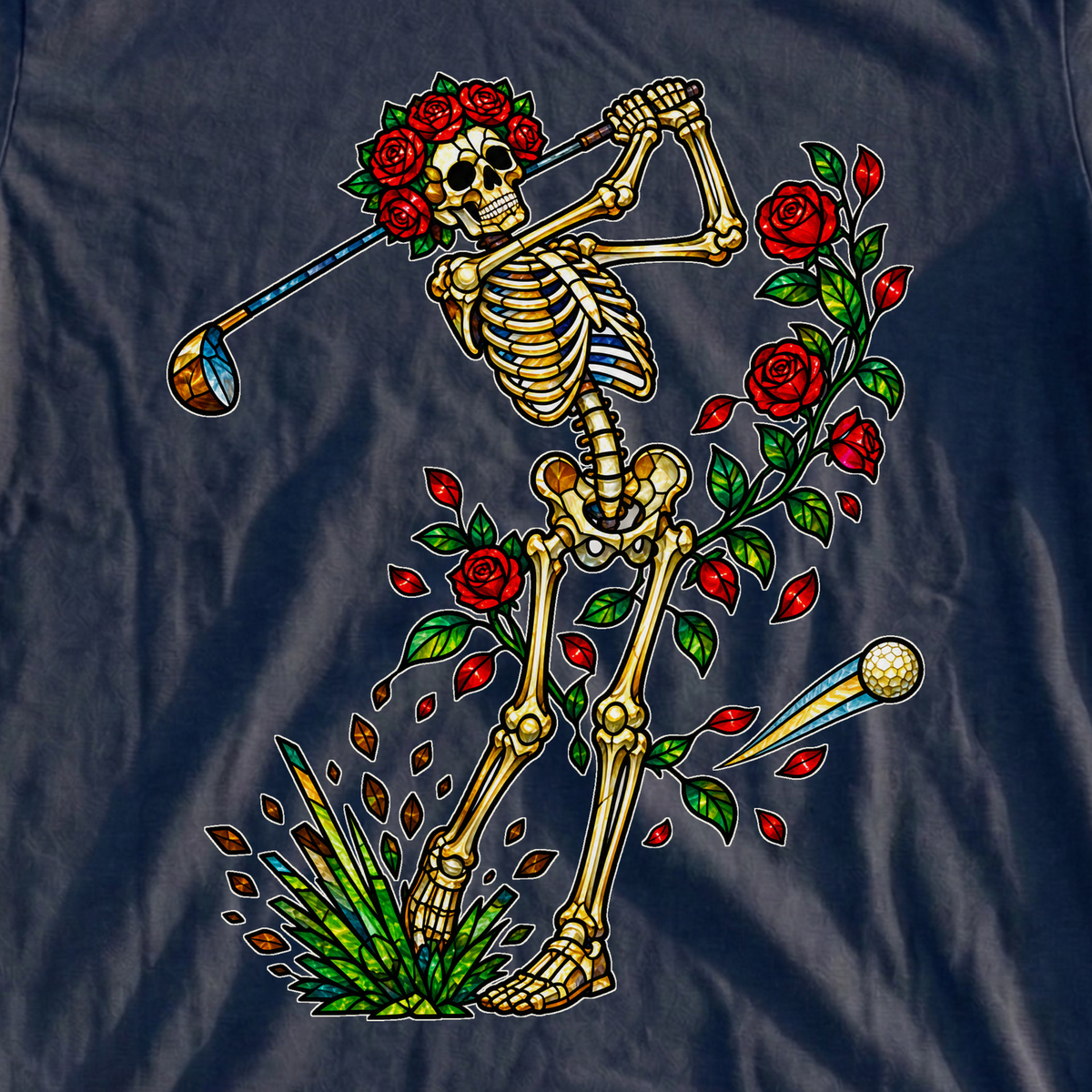 Rose Skeleton Stained Glass Tee, print close-up on Navy
