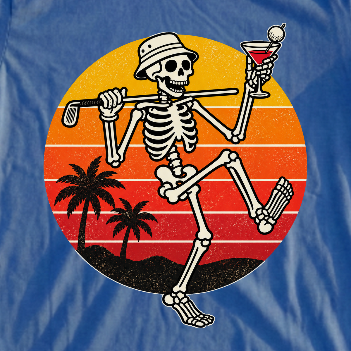 Martini Skeleton Strut Sunset Tee, print close-up on Royal
