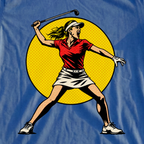 Angry Female Golfer Pop Art Tee, print close-up on Royal
