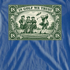 In Golf We Trust Tee, print close-up on Royal