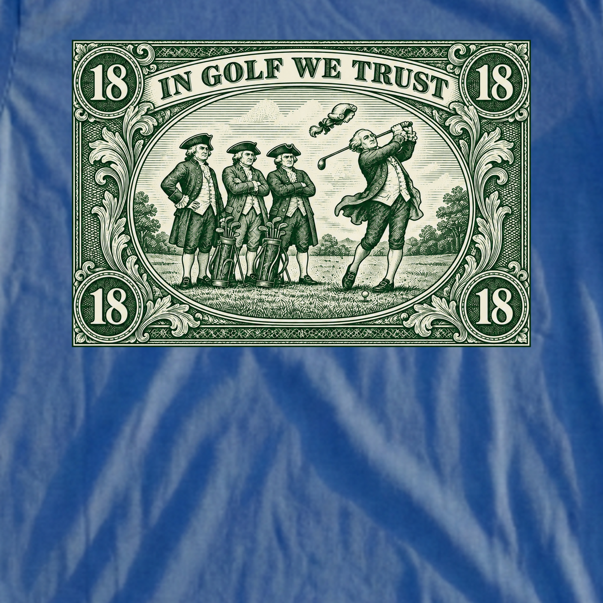 In Golf We Trust Tee, print close-up on Royal