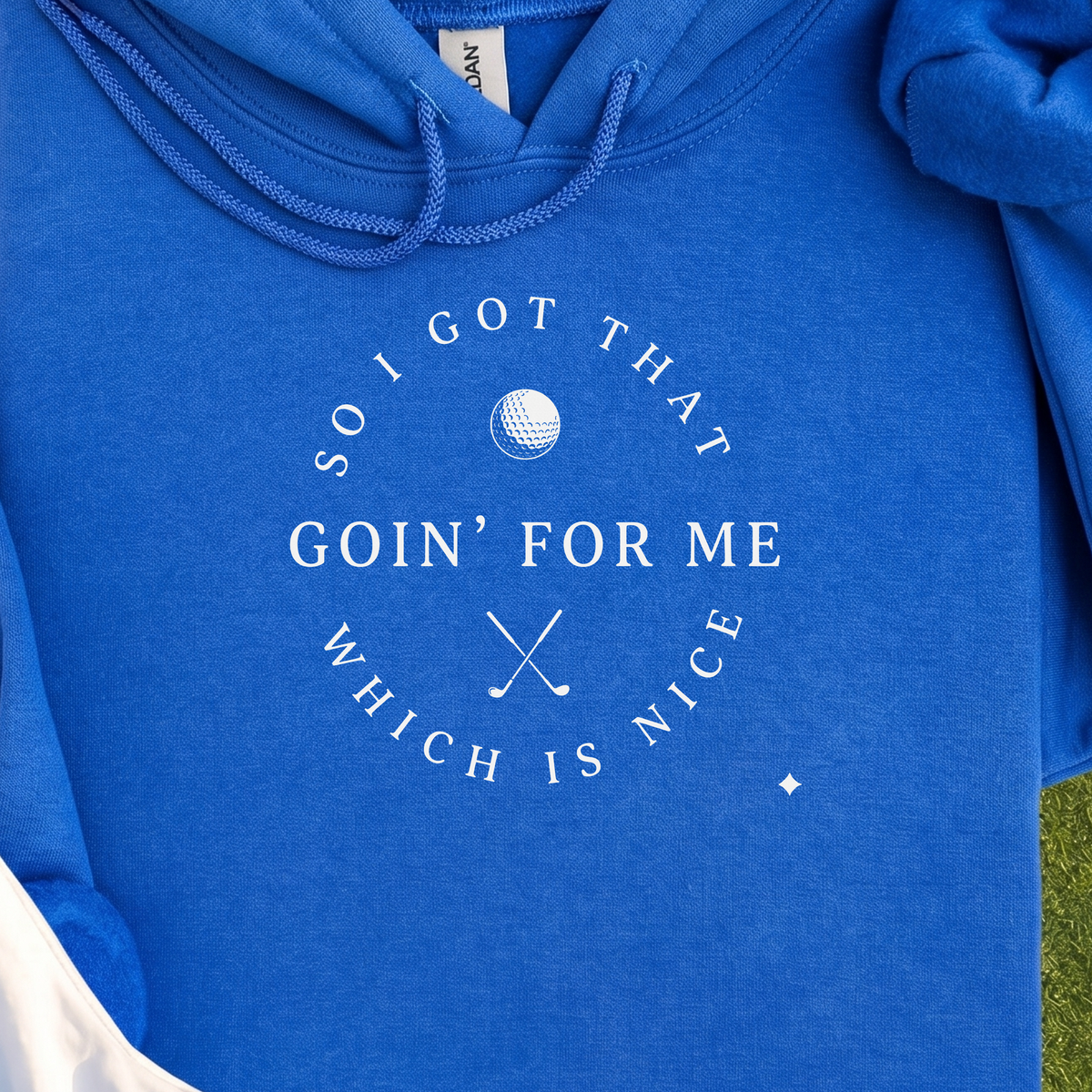 I Got That Going For Me Hoodie, print close-up on Royal