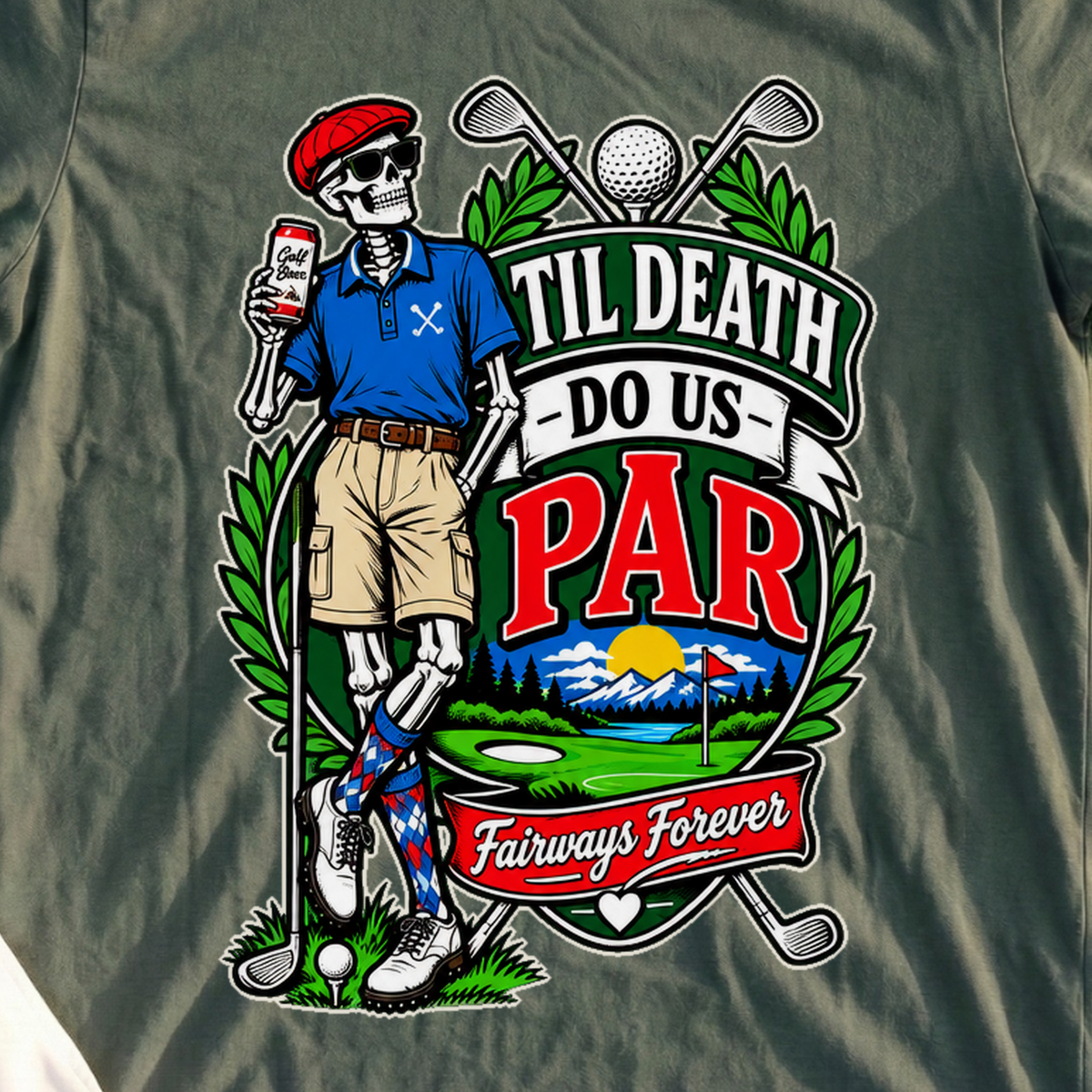 Fairways Forever Tee, print close-up on Military Green