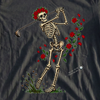 Rose Skeleton Swing 8-Bit Tee, print close-up on Black