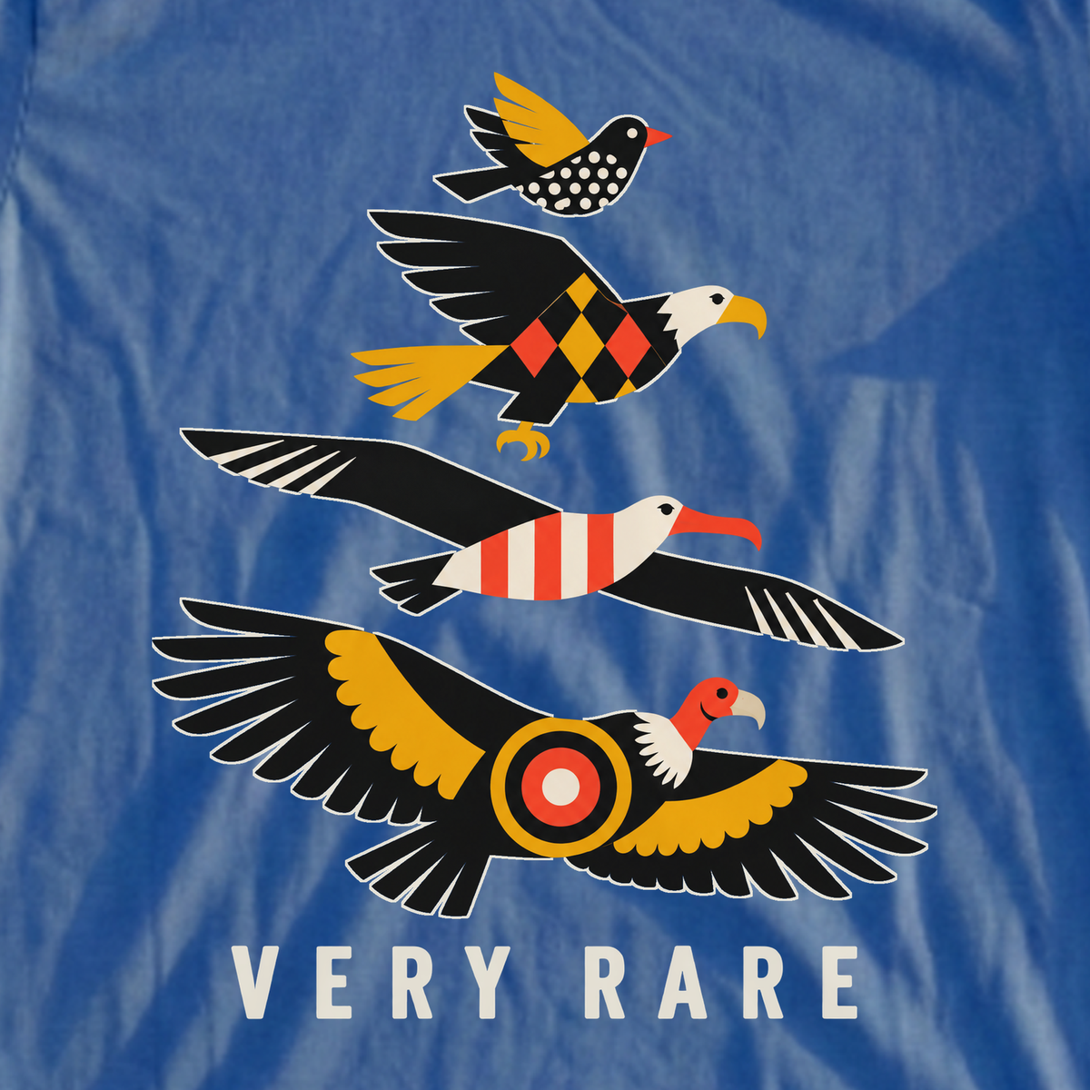 Very Rare Birds Tee, print close-up on Royal