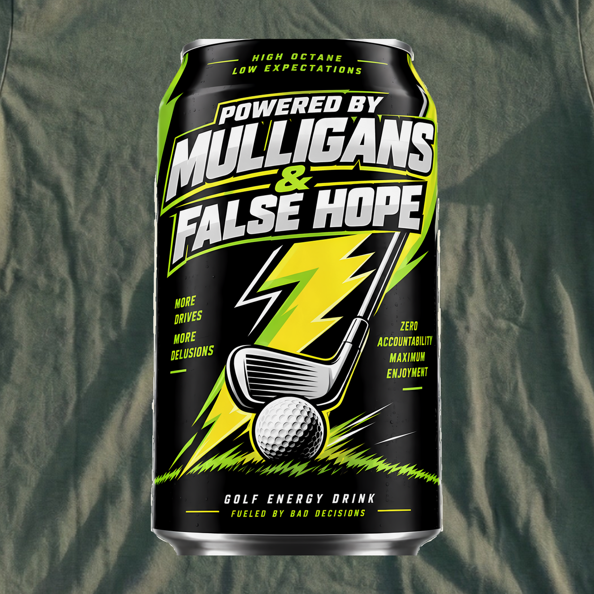 Powered By Mulligans And False Hope Tee, print close-up on Military Green