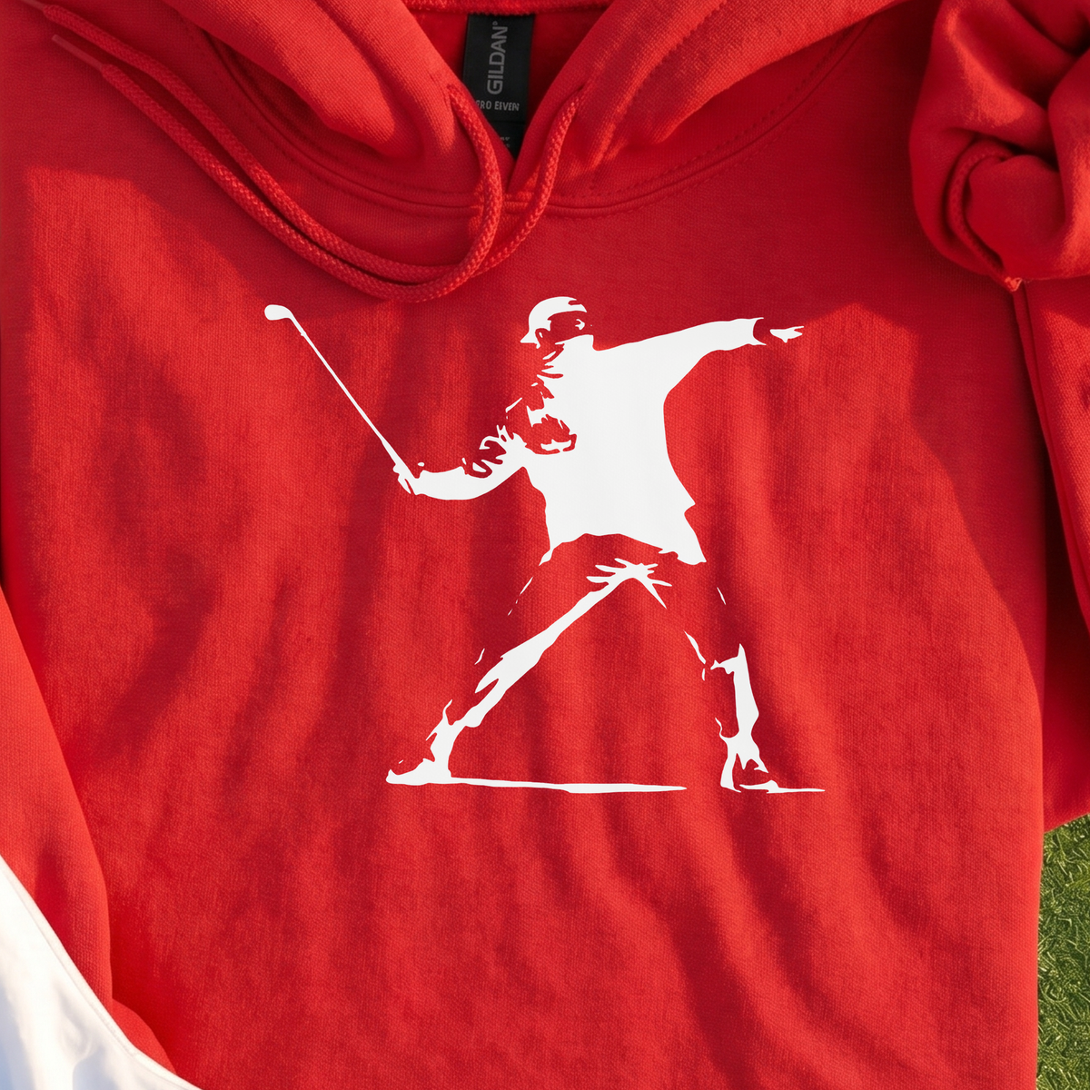 Club Thrower Hoodie, print close-up on Red