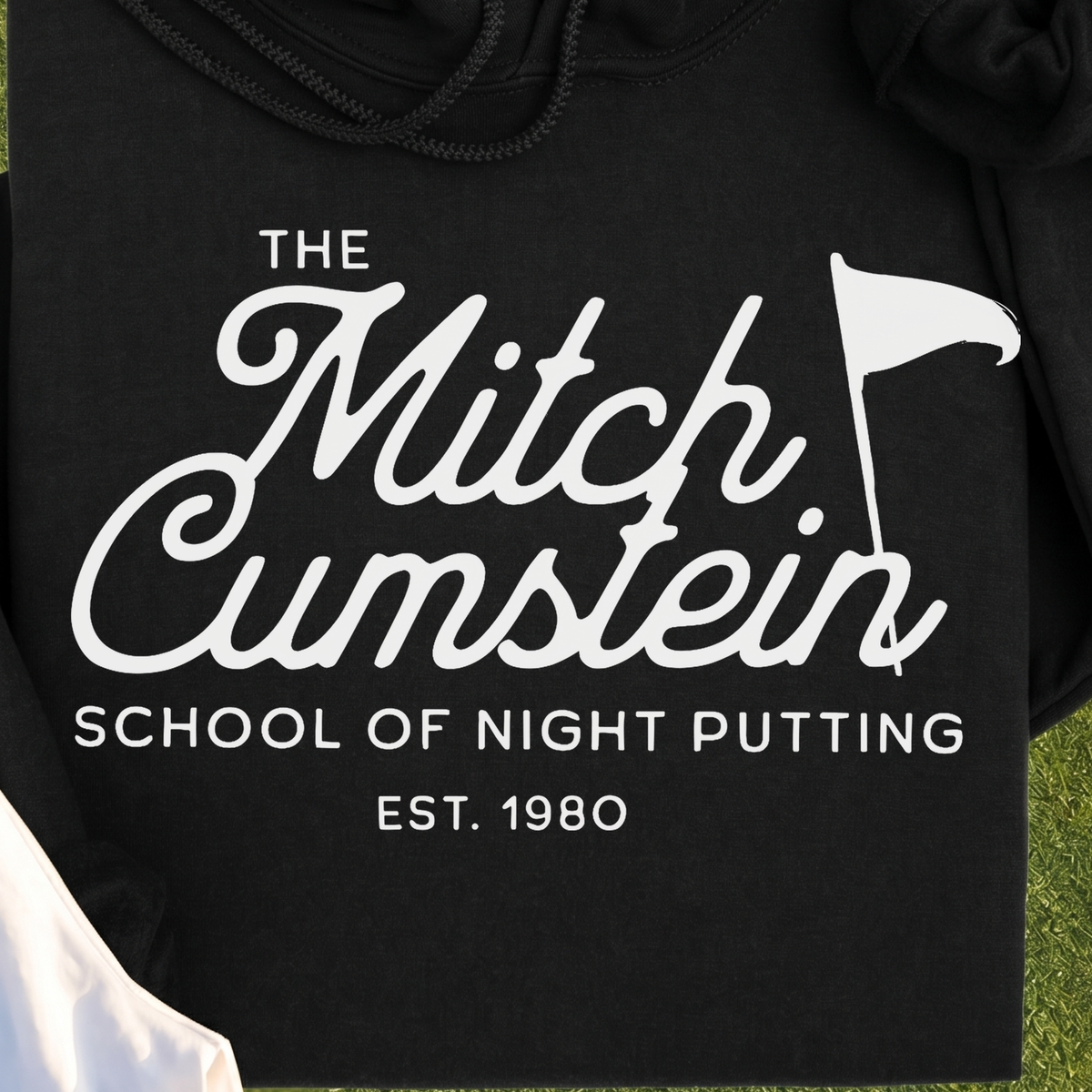 Mitch Cumstein School Of Night Putting Hoodie, print close-up on Black