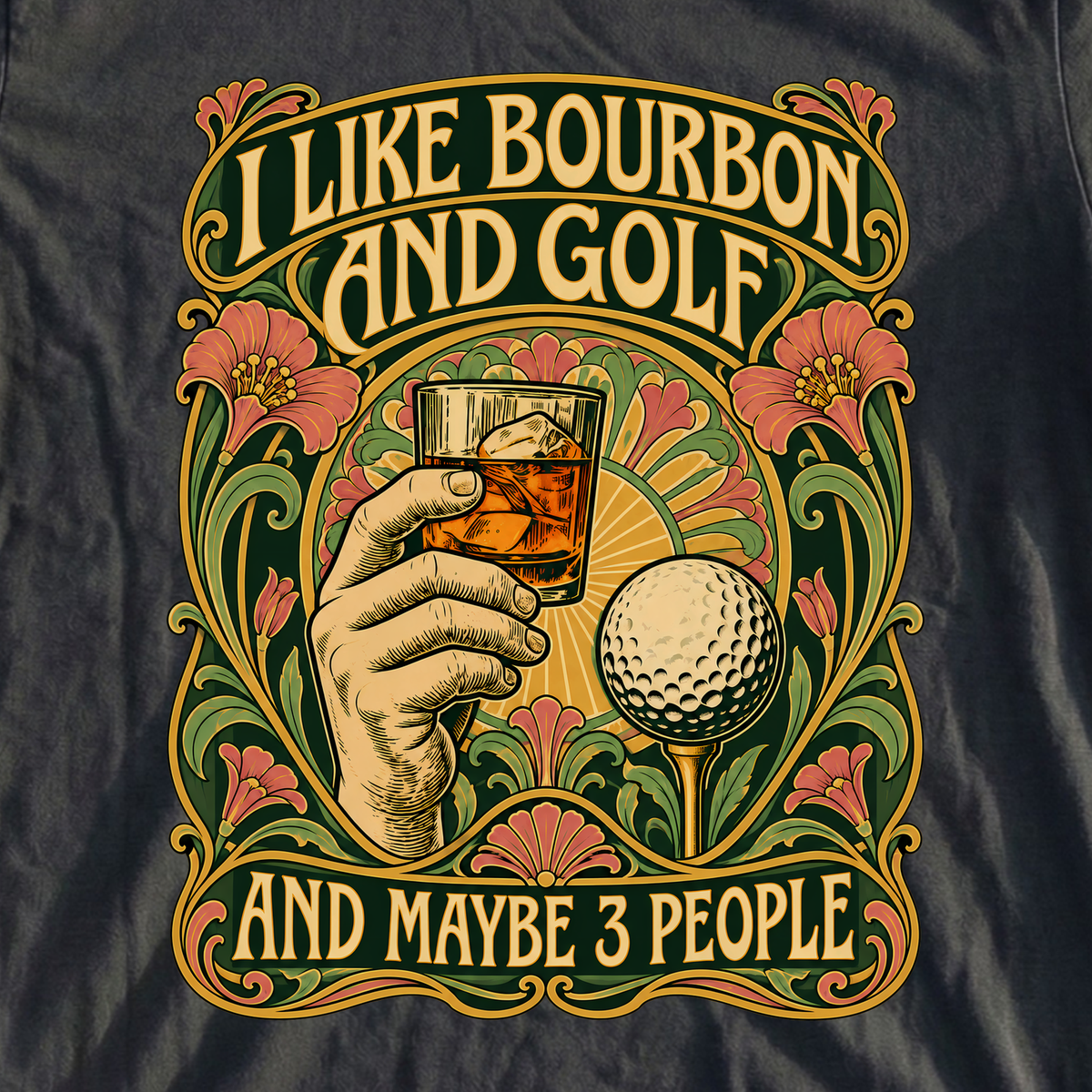 I Like Bourbon And Golf Art Nouveau Tee, print close-up on Black
