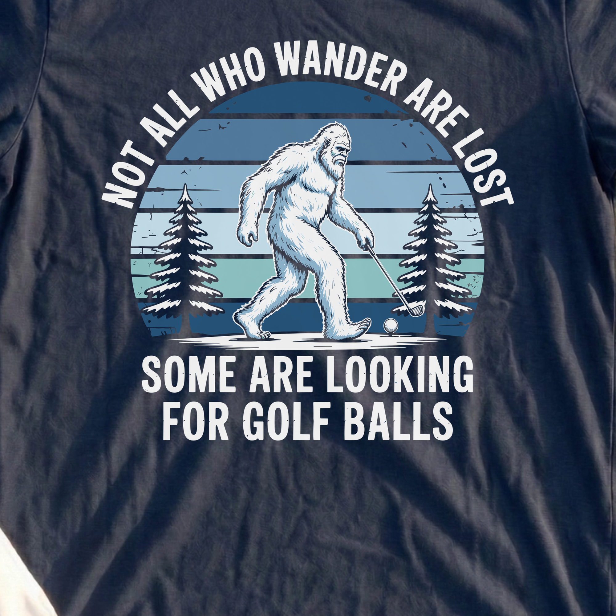 Not All Who Wandrer Yeti Tee, print close-up on Navy