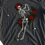 Holiday Skeleton Swing Tee, print close-up on Black