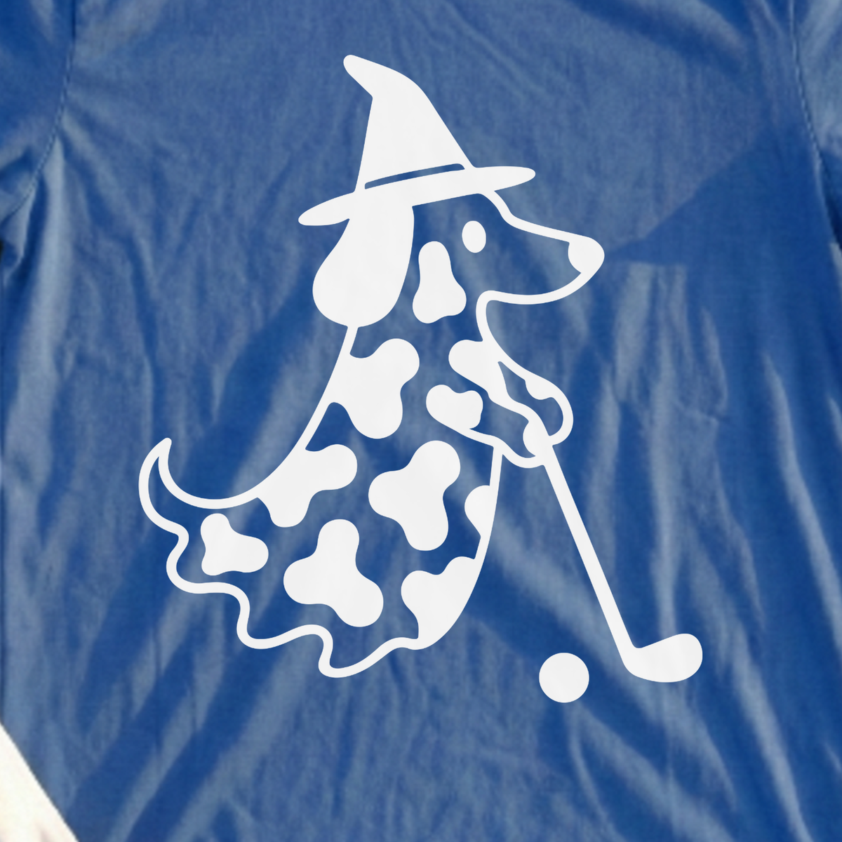 Witchy Caddie Tee, print close-up on Royal