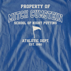 Mitch Cumstein Athletic Dept Tee, print close-up on Royal
