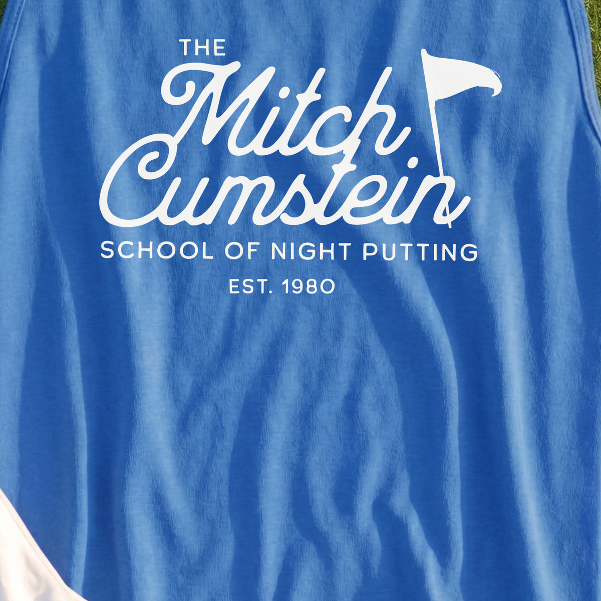 Mitch Cumstein School Of Night Putting Tank, print close-up on Royal